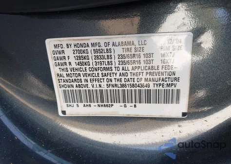 2005 Honda Odyssey Ex-L z USA, uszkodzony, nr VIN 5FNRL38615B043649